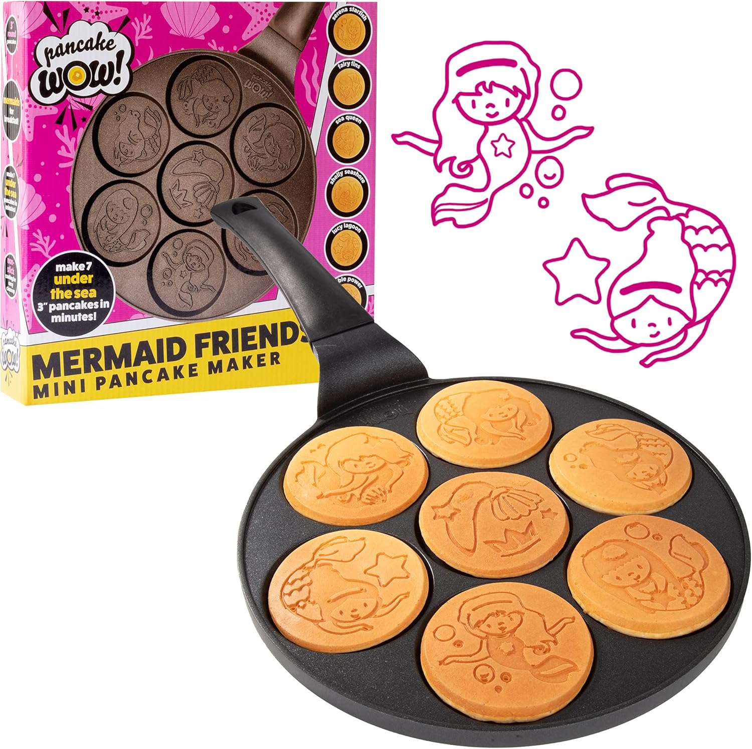 CucinaPro Mermaid Mini Pancake Pan - Cook 7 Flapjack Mermaids, Nonstick Griddle with Long Handle for Fun & Easy Cleanup - Unique Gift for Girls - Great for Breakfast or Brunch