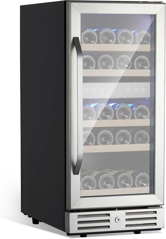 CuisinAid 15” Wine Cooler Refrigerator with Dual Zone, 29 Bottle Capacity, LED Screen, Double-Layer Glass Door & Lock, Built-in or Freestanding Wine Fridge for Under Counter Storage