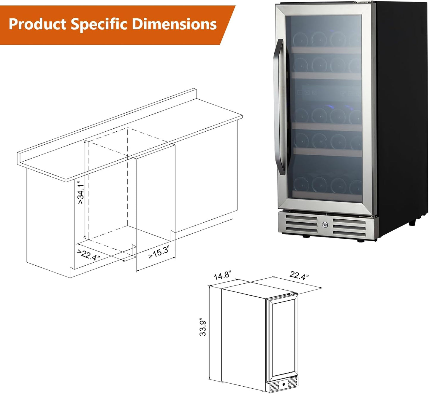 CuisinAid 15” Wine Cooler Refrigerator with Dual Zone, 29 Bottle Capacity, LED Screen, Double-Layer Glass Door & Lock, Built-in or Freestanding Wine Fridge for Under Counter Storage