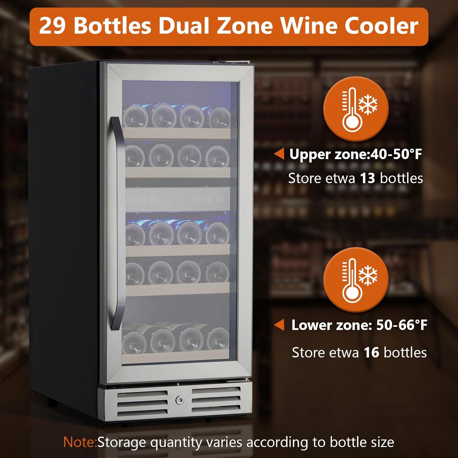 CuisinAid 15” Wine Cooler Refrigerator with Dual Zone, 29 Bottle Capacity, LED Screen, Double-Layer Glass Door & Lock, Built-in or Freestanding Wine Fridge for Under Counter Storage