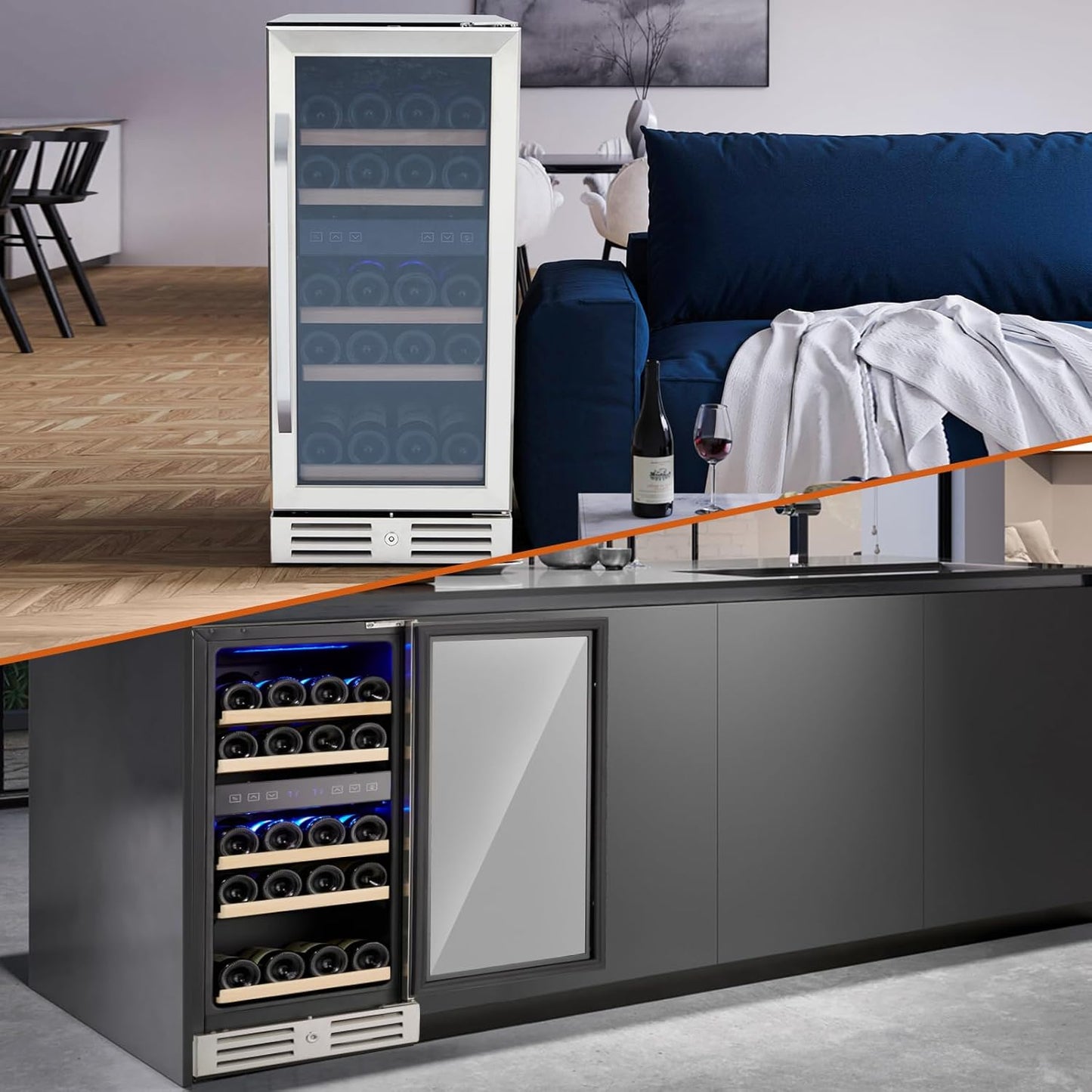 CuisinAid 15” Wine Cooler Refrigerator with Dual Zone, 29 Bottle Capacity, LED Screen, Double-Layer Glass Door & Lock, Built-in or Freestanding Wine Fridge for Under Counter Storage