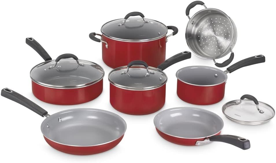Cuisinart 11-Piece Ceramica XT Nonstick Cookware Set in Red/Stainless Steel