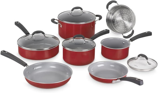 Cuisinart 11-Piece Ceramica XT Nonstick Cookware Set in Red/Stainless Steel