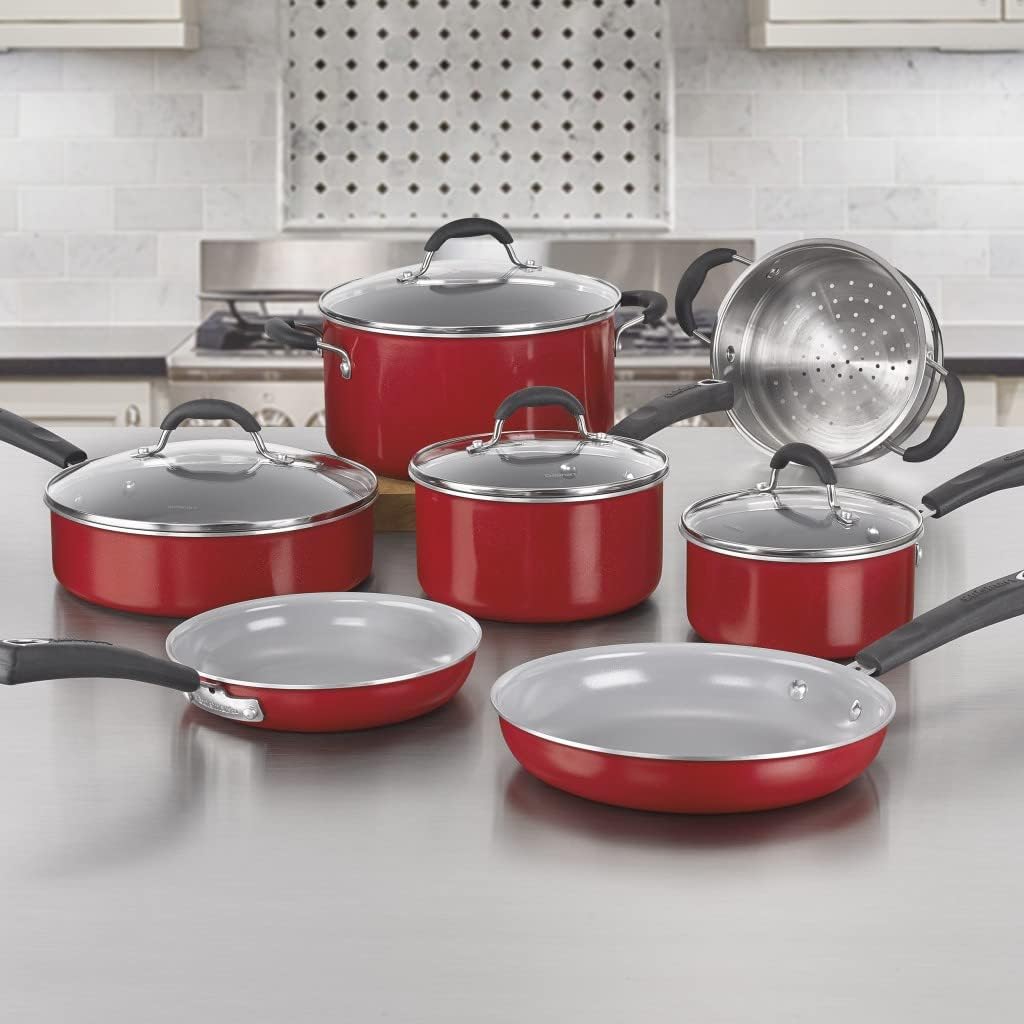 Cuisinart 11-Piece Ceramica XT Nonstick Cookware Set in Red/Stainless Steel