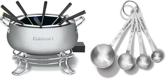 Cuisinart 3 Quart Fondue Pot for Chocolate, Cheese, Broth, Oil, Stainless Steel with Stainless Steel Measuring Spoons, Set of 4