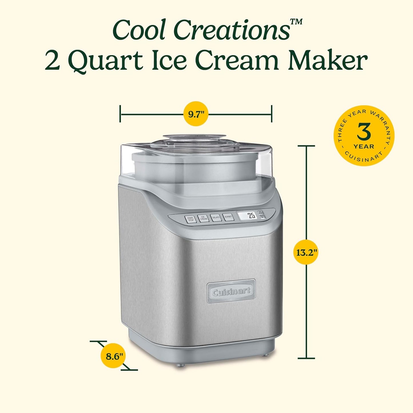 Cuisinart ICE-70P1 2 Quart Stainless Steel Ice Cream Maker with LCD Screen and Timer