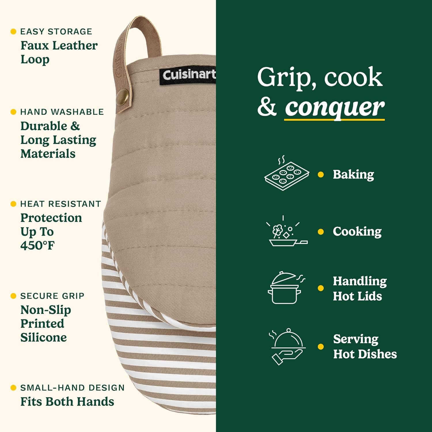 Cuisinart Mini Oven Mitts Set - 5.5" x 8" Heat-Resistant Kitchen Mitts with Non-Slip Silicone and Cotton Filling - Durable Cooking and Baking Gloves (Horizon)