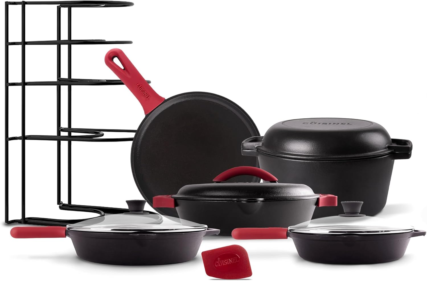 Cuisinel Cast Iron 17-Piece Preseasoned Cookware Set with Skillets, Dutch Oven, Braiser, Griddle, Organizer Rack, and Accessories