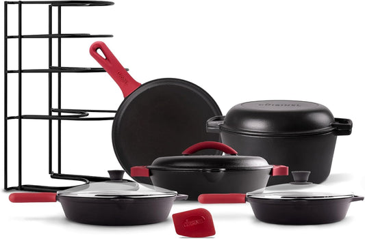 Cuisinel Cast Iron 17-Piece Preseasoned Cookware Set with Skillets, Dutch Oven, Braiser, Griddle, Organizer Rack, and Accessories
