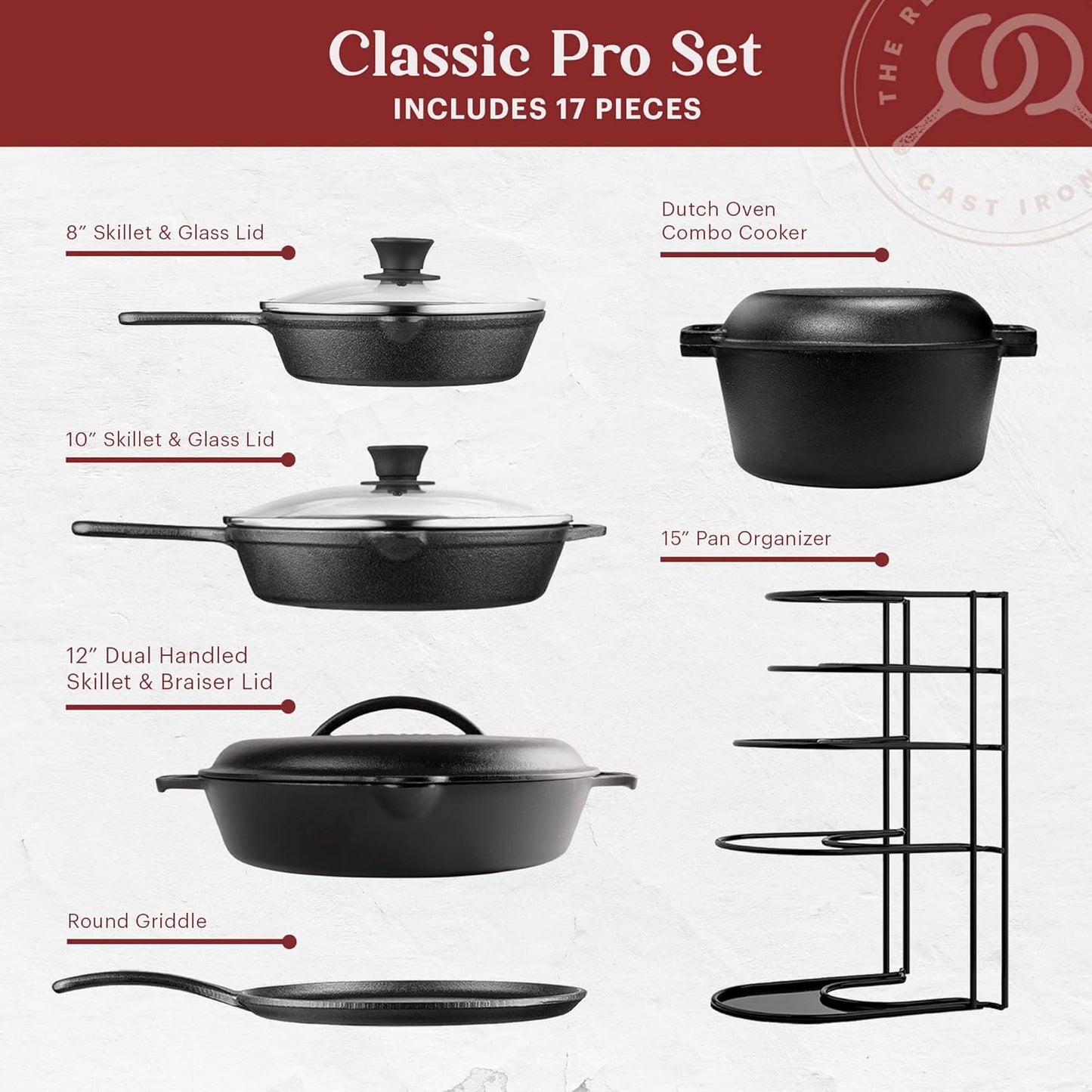Cuisinel Cast Iron 17-Piece Preseasoned Cookware Set with Skillets, Dutch Oven, Braiser, Griddle, Organizer Rack, and Accessories