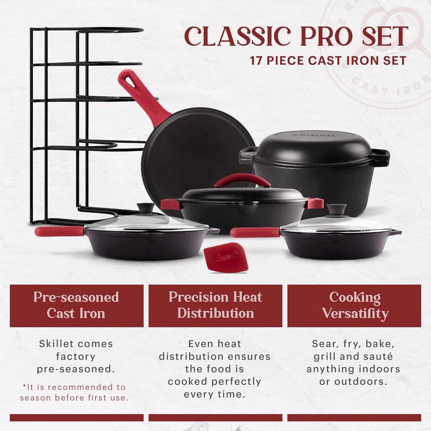 Cuisinel Cast Iron 17-Piece Preseasoned Cookware Set with Skillets, Dutch Oven, Braiser, Griddle, Organizer Rack, and Accessories