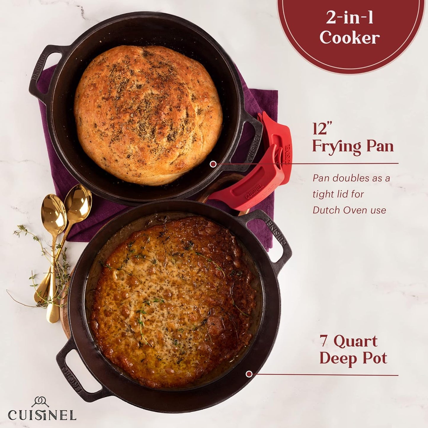 Cuisinel Cast Iron 7-Quart Dutch Oven Set with Rack, Scraper, and Cleaner - Complete Cookware Solution