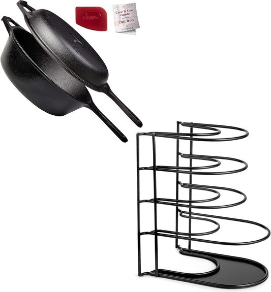 Cuisinel Cast Iron Double Skillet with Pan Rack Organizer - 2-In-1 Multi Cooker with Pre-Seasoned Oven Cookware for Indoor/Outdoor Use