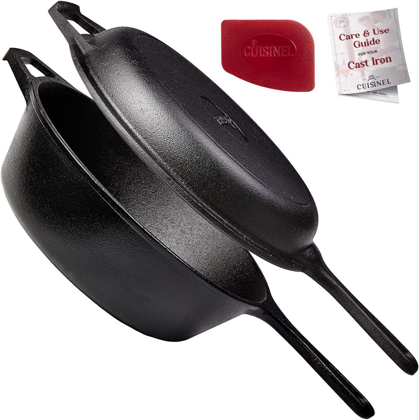 Cuisinel Cast Iron Double Skillet with Pan Rack Organizer - 2-In-1 Multi Cooker with Pre-Seasoned Oven Cookware for Indoor/Outdoor Use