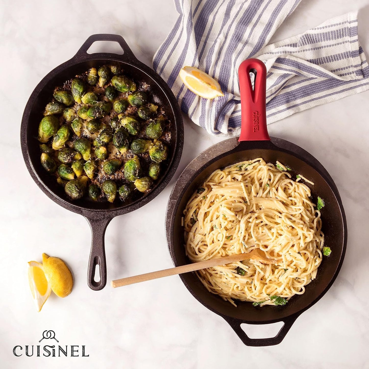 Cuisinel Cast Iron Double Skillet with Pan Rack Organizer - 2-In-1 Multi Cooker with Pre-Seasoned Oven Cookware for Indoor/Outdoor Use