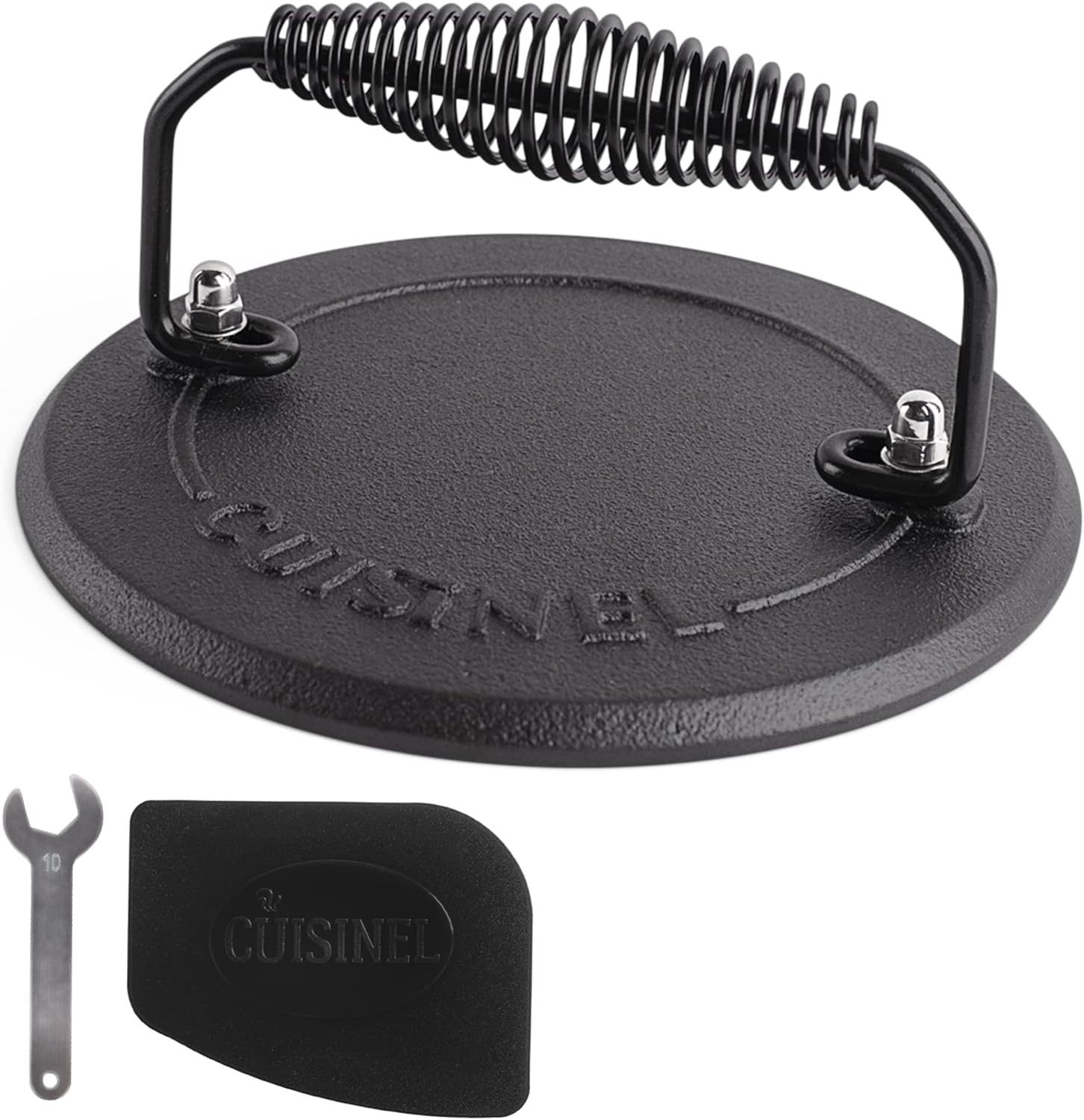 Cuisinel Cast Iron Grill Press - 7.5" Round Pre-Seasoned Burger Press for Bacon, Steak, and Hamburgers - Heavyweight Sandwich Maker for Griddle, BBQ, Grill