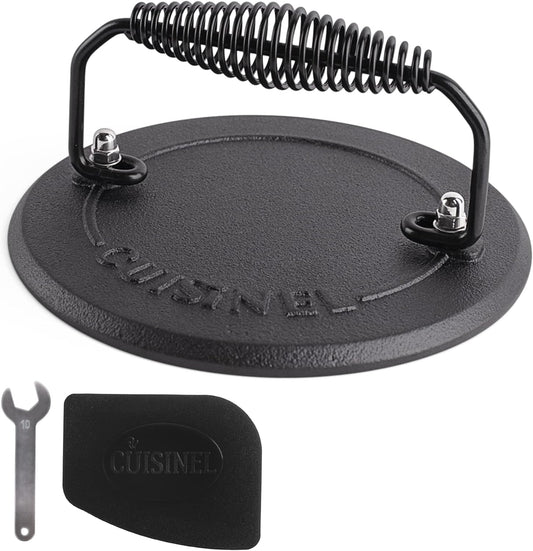 Cuisinel Cast Iron Grill Press - 7.5" Round Pre-Seasoned Burger Press for Bacon, Steak, and Hamburgers - Heavyweight Sandwich Maker for Griddle, BBQ, Grill