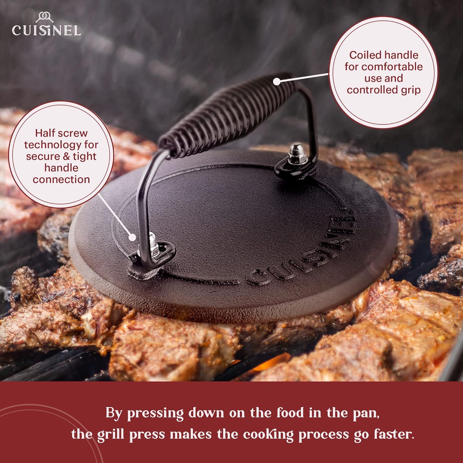 Cuisinel Cast Iron Grill Press - 7.5" Round Pre-Seasoned Burger Press for Bacon, Steak, and Hamburgers - Heavyweight Sandwich Maker for Griddle, BBQ, Grill