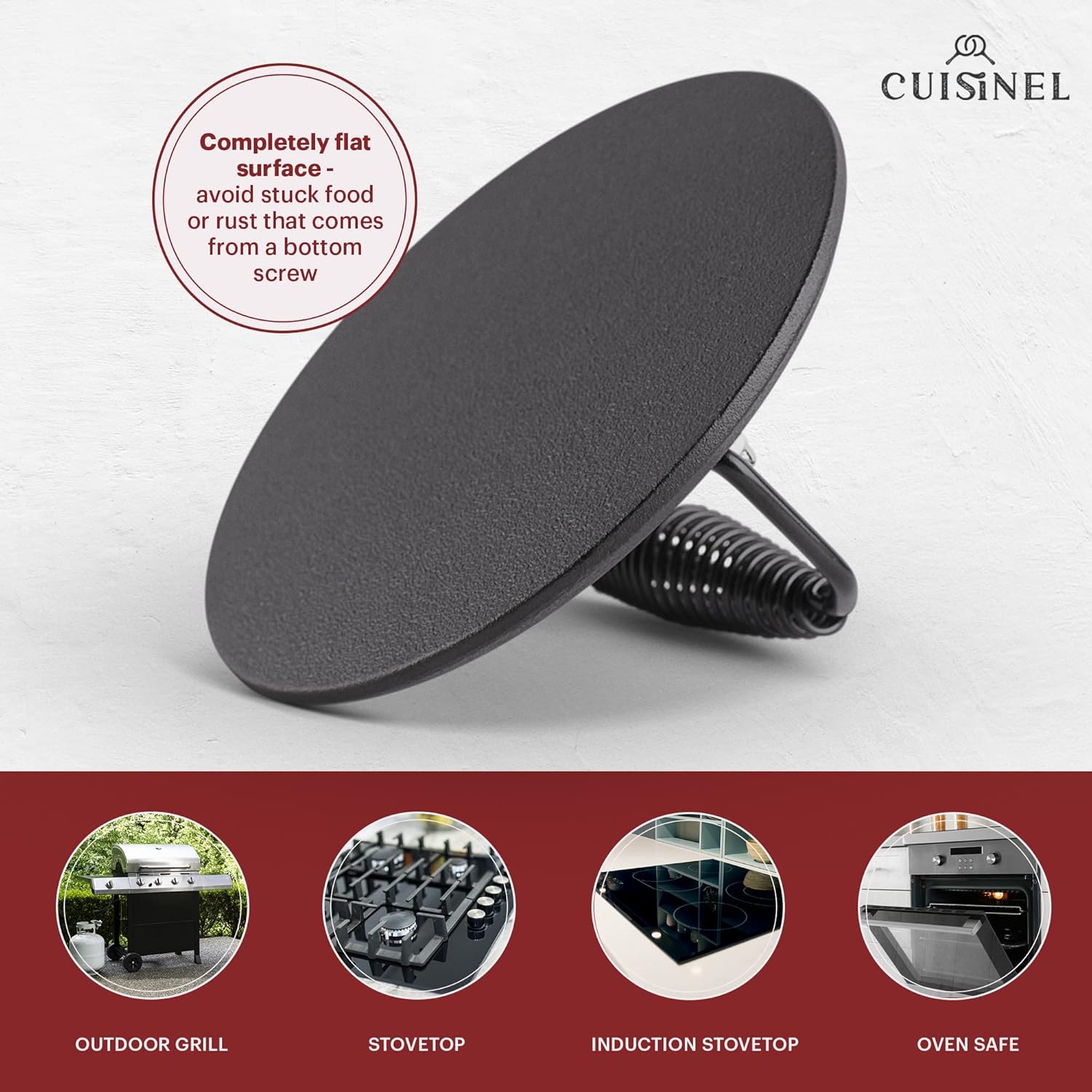 Cuisinel Cast Iron Grill Press - 7.5" Round Pre-Seasoned Burger Press for Bacon, Steak, and Hamburgers - Heavyweight Sandwich Maker for Griddle, BBQ, Grill
