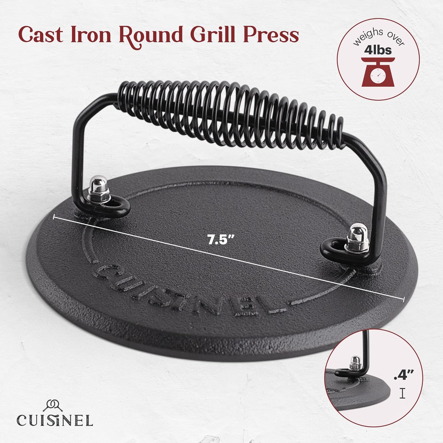 Cuisinel Cast Iron Grill Press - 7.5" Round Pre-Seasoned Burger Press for Bacon, Steak, and Hamburgers - Heavyweight Sandwich Maker for Griddle, BBQ, Grill