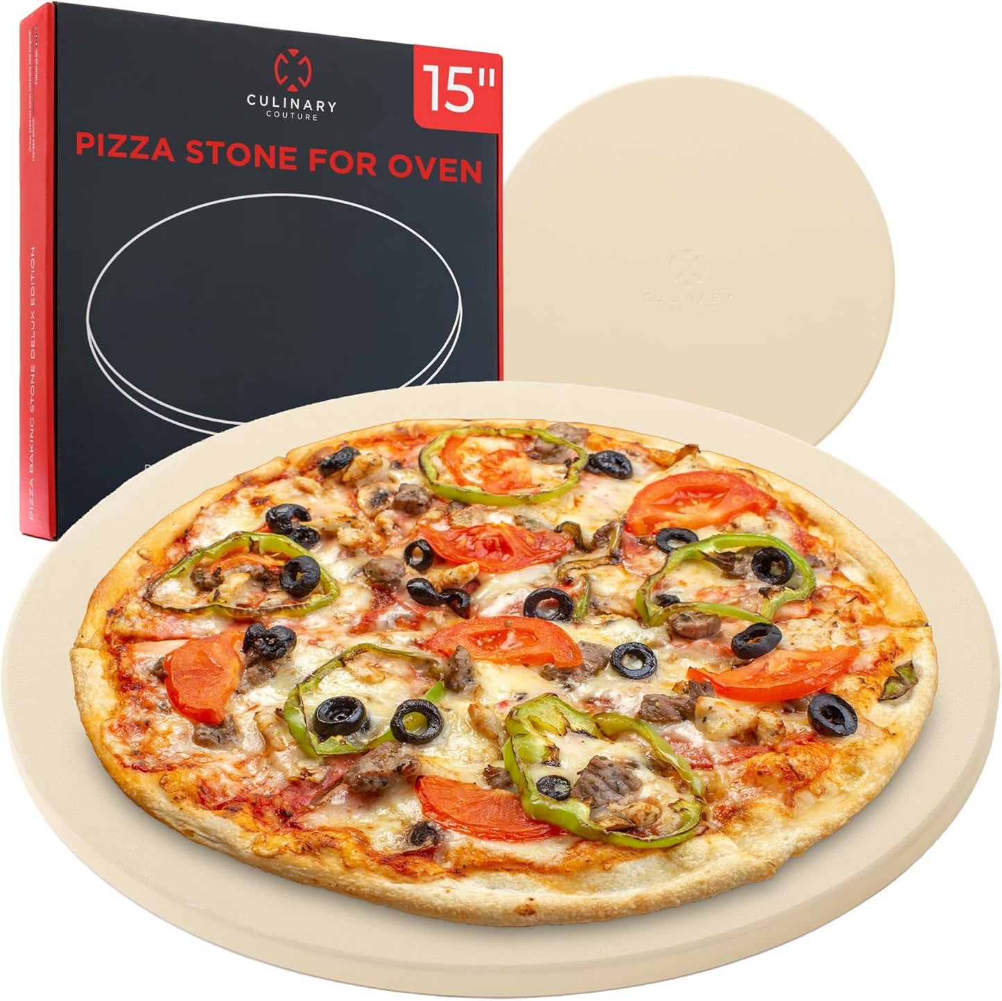 Culinary Couture 15" Round Cordierite Pizza Stone for Oven and Grill - Versatile Stone for Baking Bread, Calzone, Cookies - Ideal for Outdoor Cooking