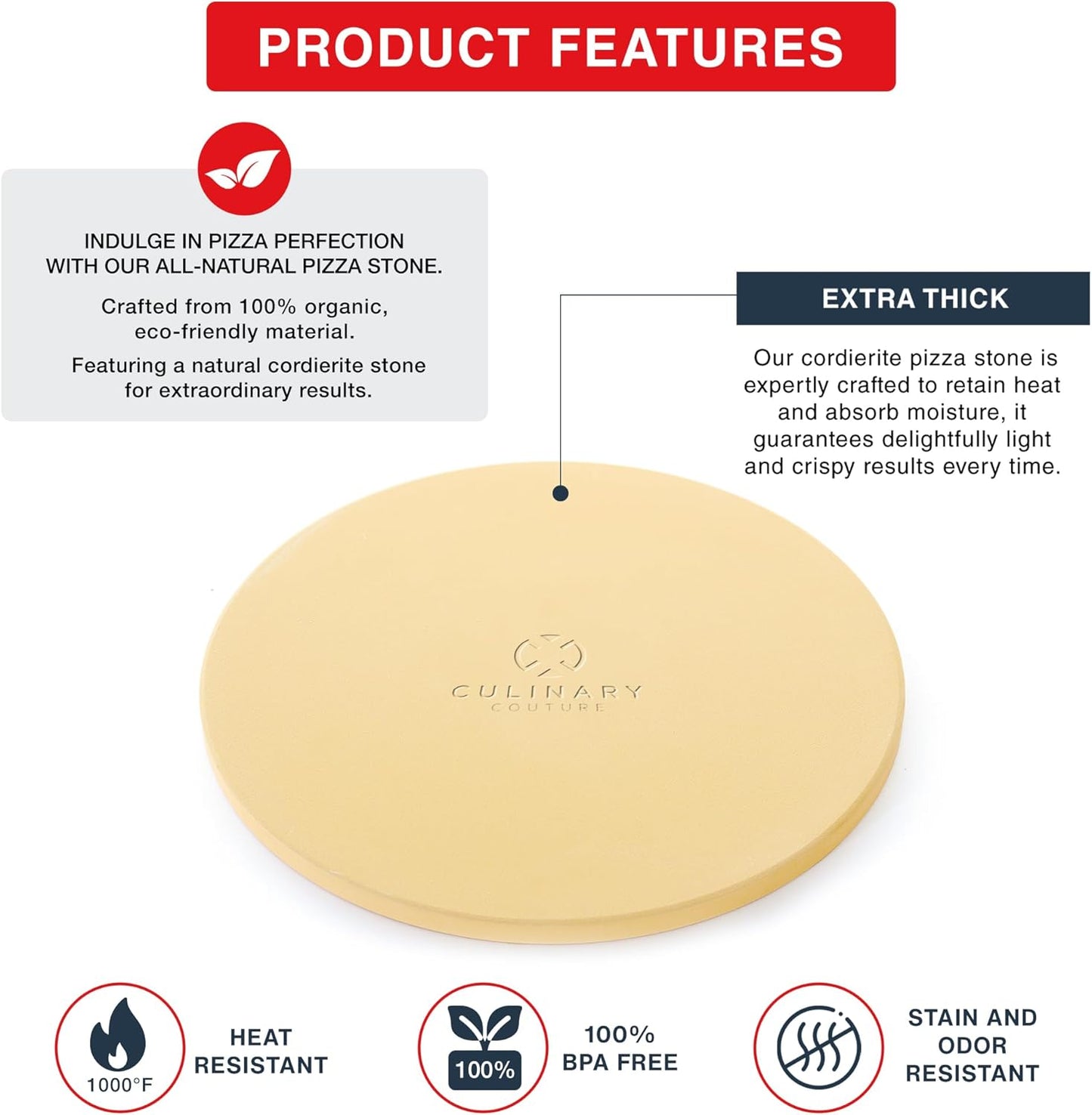 Culinary Couture 15" Round Cordierite Pizza Stone for Oven and Grill - Versatile Stone for Baking Bread, Calzone, Cookies - Ideal for Outdoor Cooking