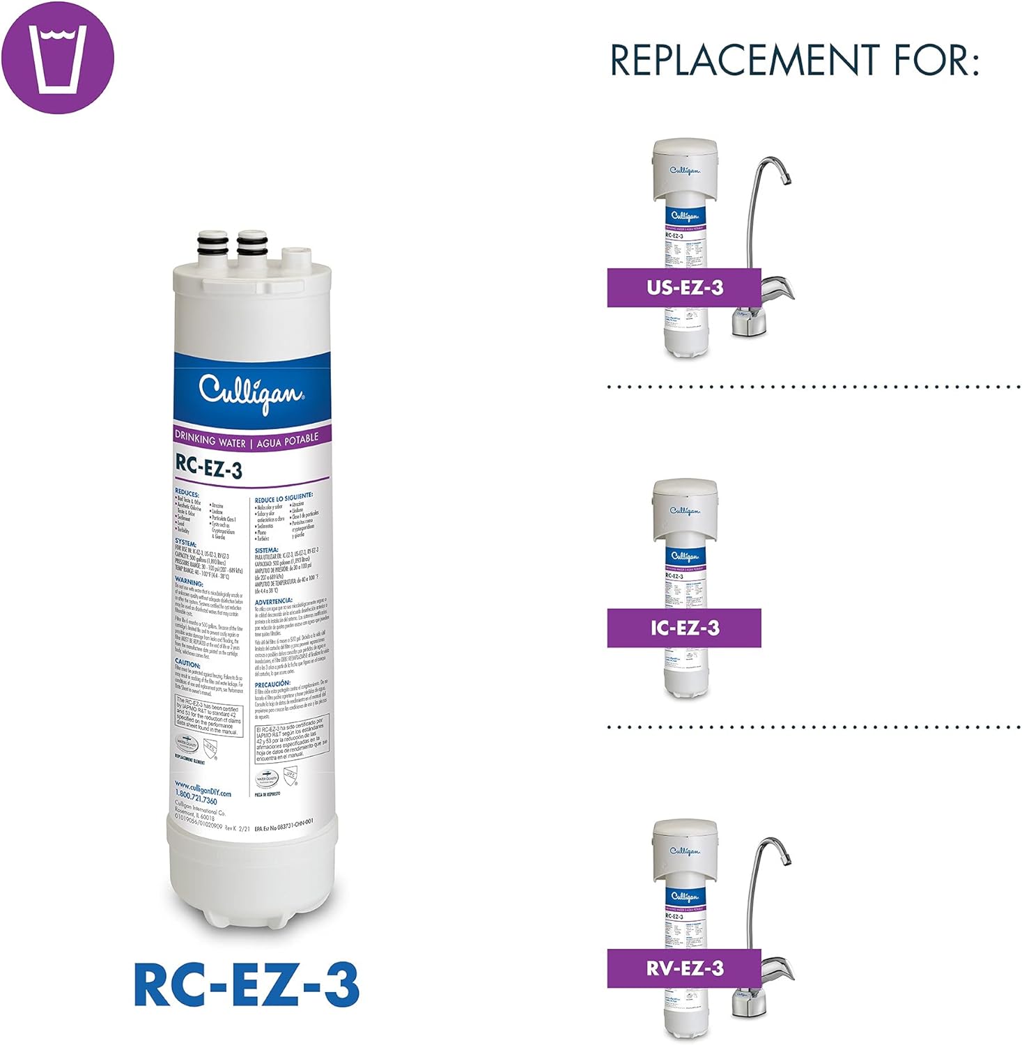Culligan RC Change Advanced Water Filtration Replacement Cartridge - 500 Gallons - EZ-3 (Better) - Colorful