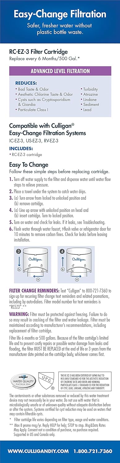 Culligan RC Change Advanced Water Filtration Replacement Cartridge - 500 Gallons - EZ-3 (Better) - Colorful
