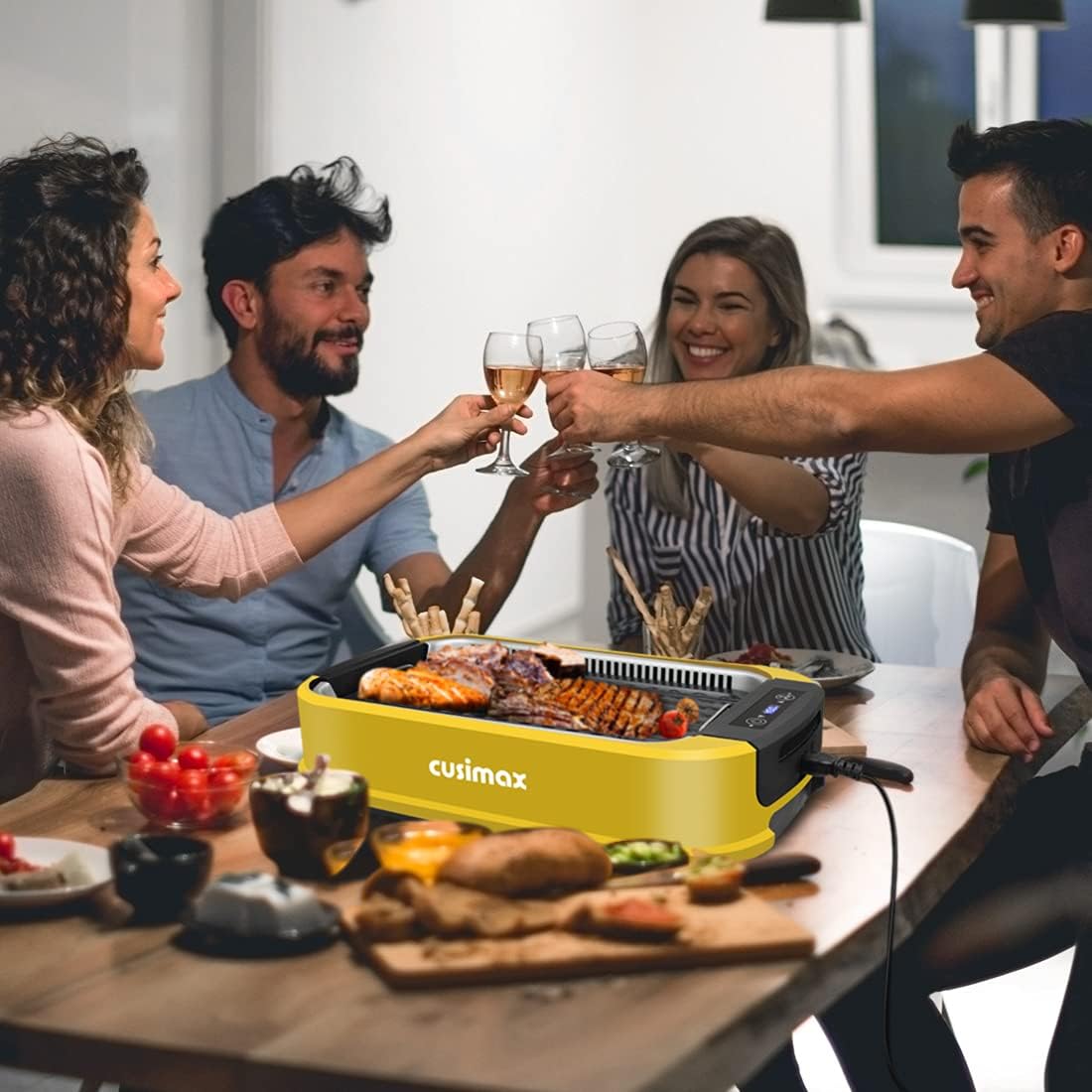 CUSIMAX 1500W Electric Smokeless Indoor Grill with LED Smart Display & Tempered Glass Lid - Portable Korean BBQ Grill with Non-stick Removable Plate, Yellow