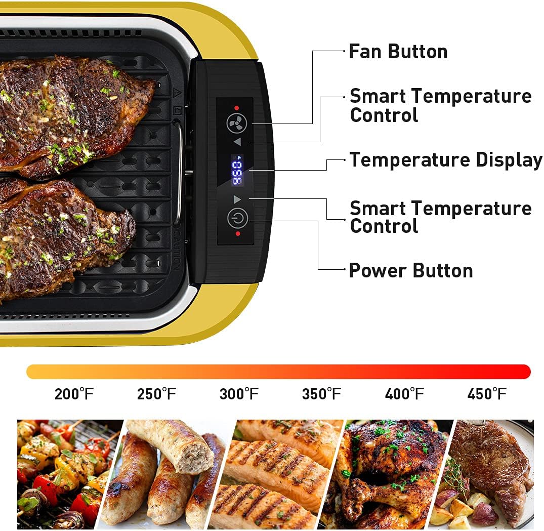 CUSIMAX 1500W Electric Smokeless Indoor Grill with LED Smart Display & Tempered Glass Lid - Portable Korean BBQ Grill with Non-stick Removable Plate, Yellow
