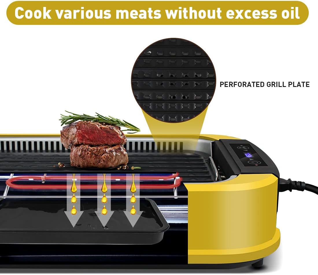 CUSIMAX 1500W Electric Smokeless Indoor Grill with LED Smart Display & Tempered Glass Lid - Portable Korean BBQ Grill with Non-stick Removable Plate, Yellow