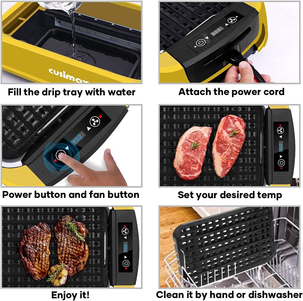 CUSIMAX 1500W Electric Smokeless Indoor Grill with LED Smart Display & Tempered Glass Lid - Portable Korean BBQ Grill with Non-stick Removable Plate, Yellow
