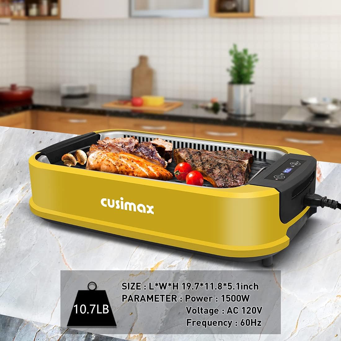 CUSIMAX 1500W Electric Smokeless Indoor Grill with LED Smart Display & Tempered Glass Lid - Portable Korean BBQ Grill with Non-stick Removable Plate, Yellow