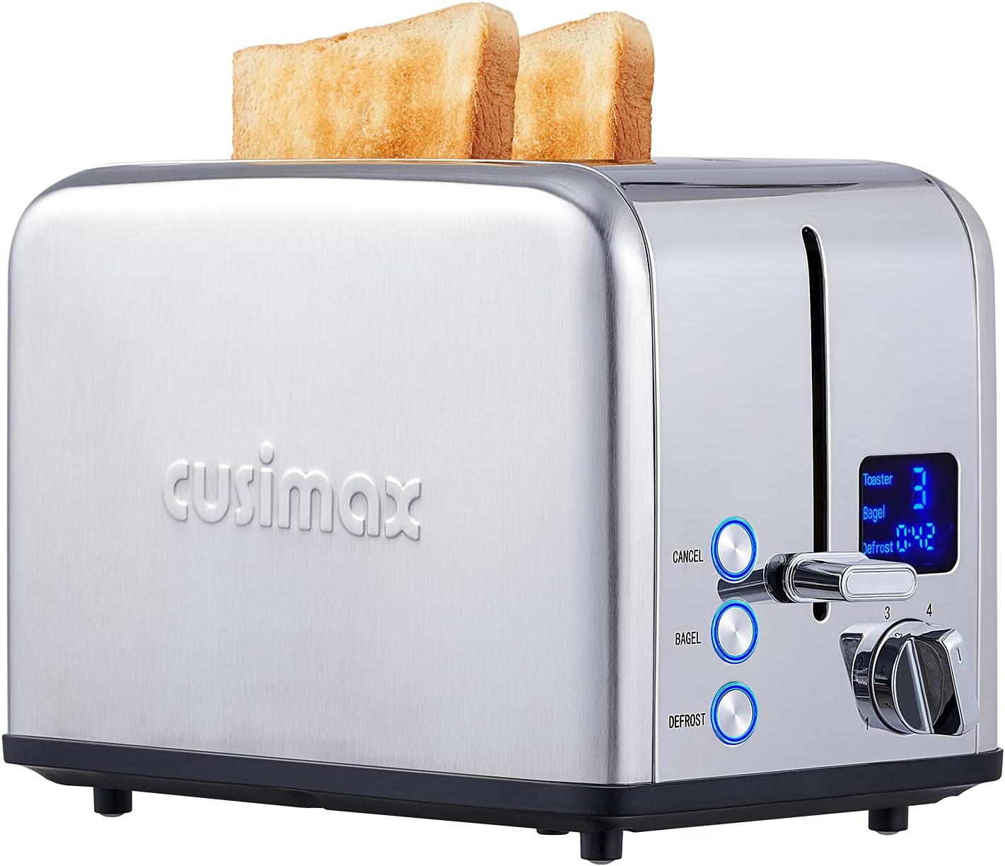 CUSIMAX 2 Slice Stainless Steel Toaster with Large LED Display, 1.5'' Extra-wide Slots, 6 Browning Settings, Cancel/Bagel/Defrost, Removable Crumb Tray - Silver