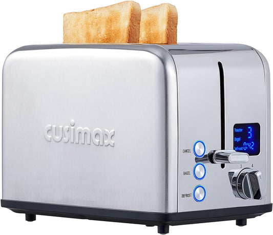 CUSIMAX 2 Slice Stainless Steel Toaster with Large LED Display, 1.5'' Extra-wide Slots, 6 Browning Settings, Cancel/Bagel/Defrost, Removable Crumb Tray - Silver