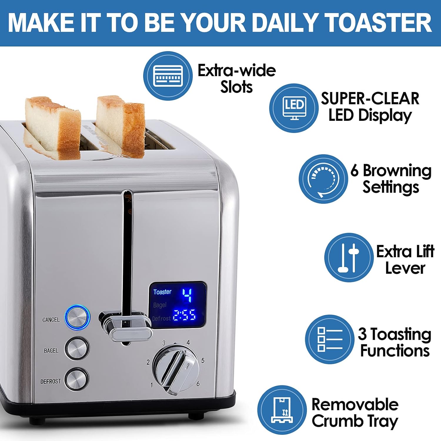 CUSIMAX 2 Slice Stainless Steel Toaster with Large LED Display, 1.5'' Extra-wide Slots, 6 Browning Settings, Cancel/Bagel/Defrost, Removable Crumb Tray - Silver
