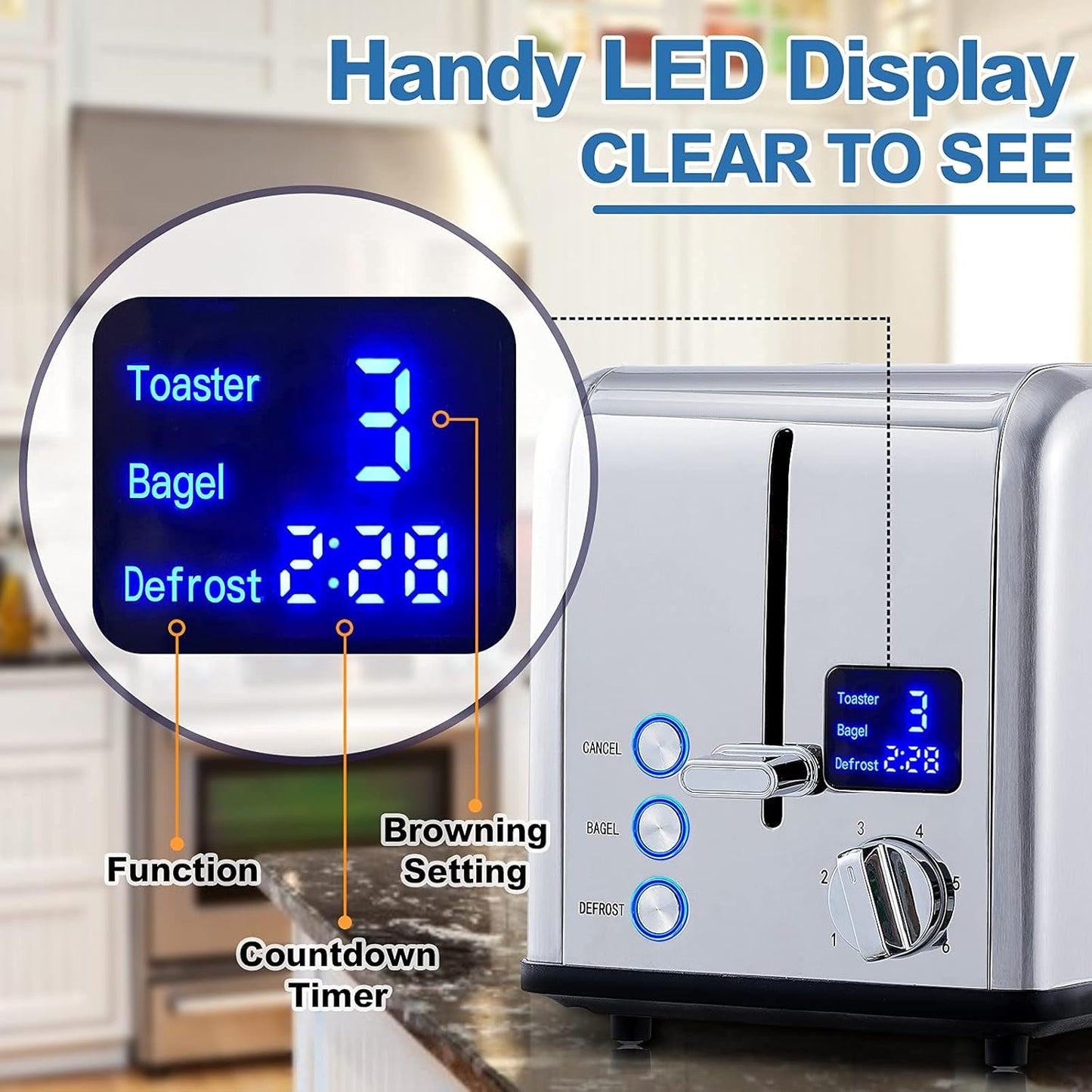 CUSIMAX 2 Slice Stainless Steel Toaster with Large LED Display, 1.5'' Extra-wide Slots, 6 Browning Settings, Cancel/Bagel/Defrost, Removable Crumb Tray - Silver