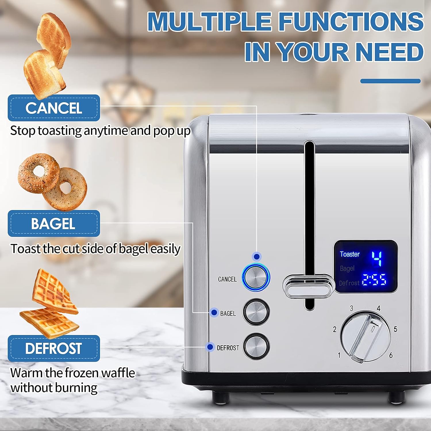 CUSIMAX 2 Slice Stainless Steel Toaster with Large LED Display, 1.5'' Extra-wide Slots, 6 Browning Settings, Cancel/Bagel/Defrost, Removable Crumb Tray - Silver