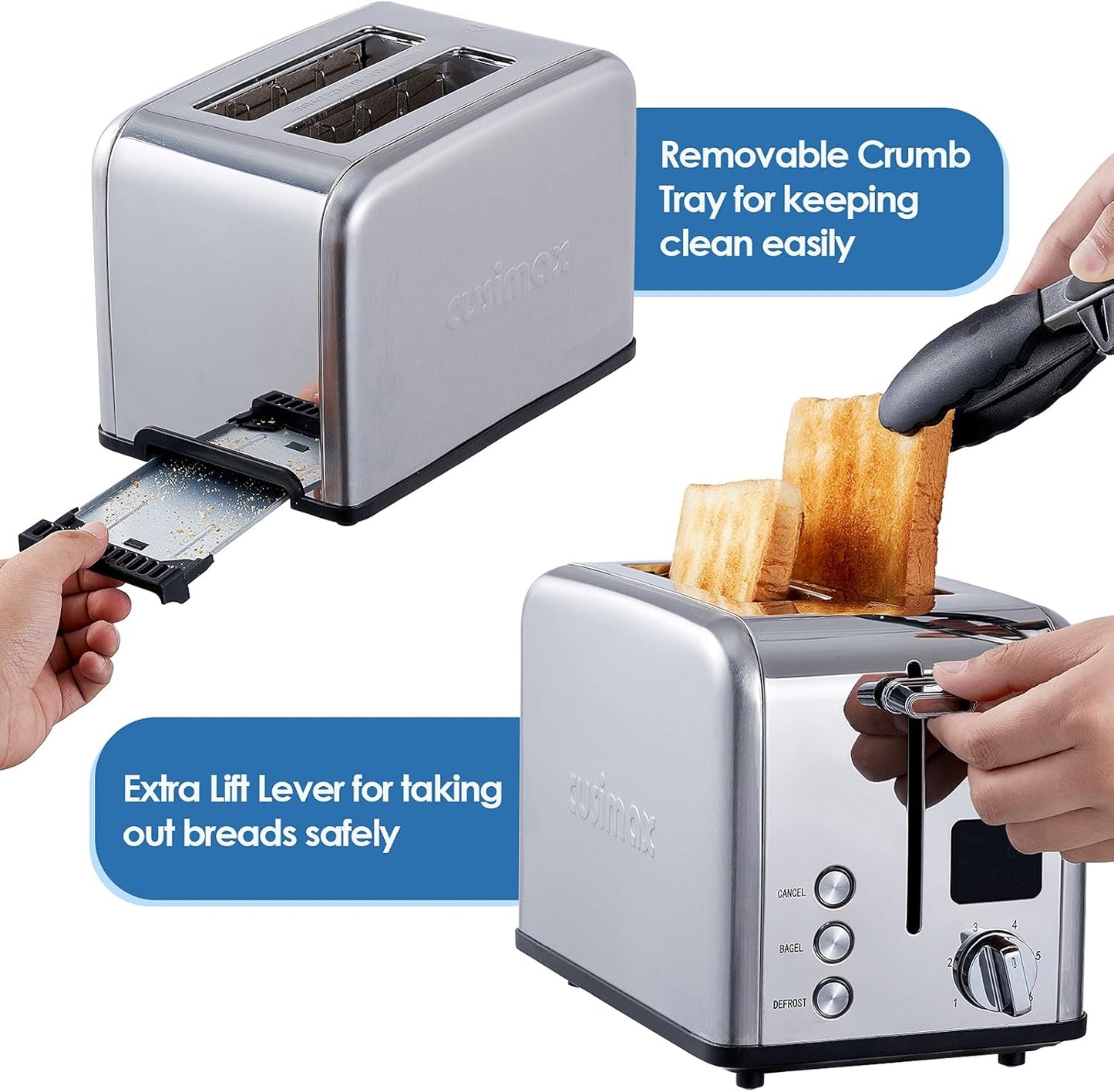 CUSIMAX 2 Slice Stainless Steel Toaster with Large LED Display, 1.5'' Extra-wide Slots, 6 Browning Settings, Cancel/Bagel/Defrost, Removable Crumb Tray - Silver