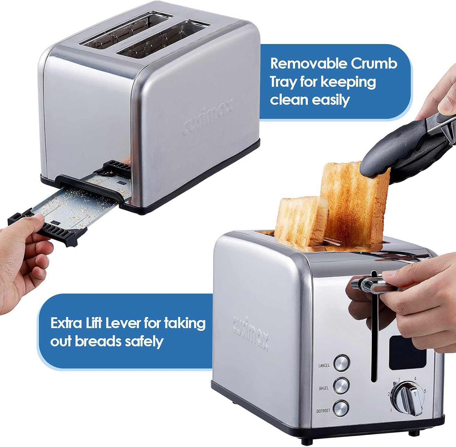 CUSIMAX 2 Slice Stainless Steel Toaster with Large LED Display, 1.5'' Extra-wide Slots, 6 Browning Settings, Cancel/Bagel/Defrost, Removable Crumb Tray - Silver