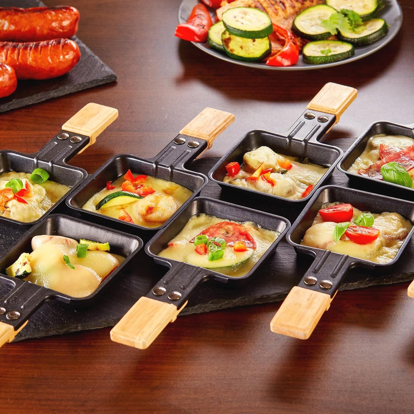 CUSIMAX Electric Raclette Table Grill with Non-Stick Plate, Wooden Frame, 8 Cheese Pans, Spatulas - 2 in 1 Indoor Grill & Griddle, Three-Layer Korean BBQ Grill