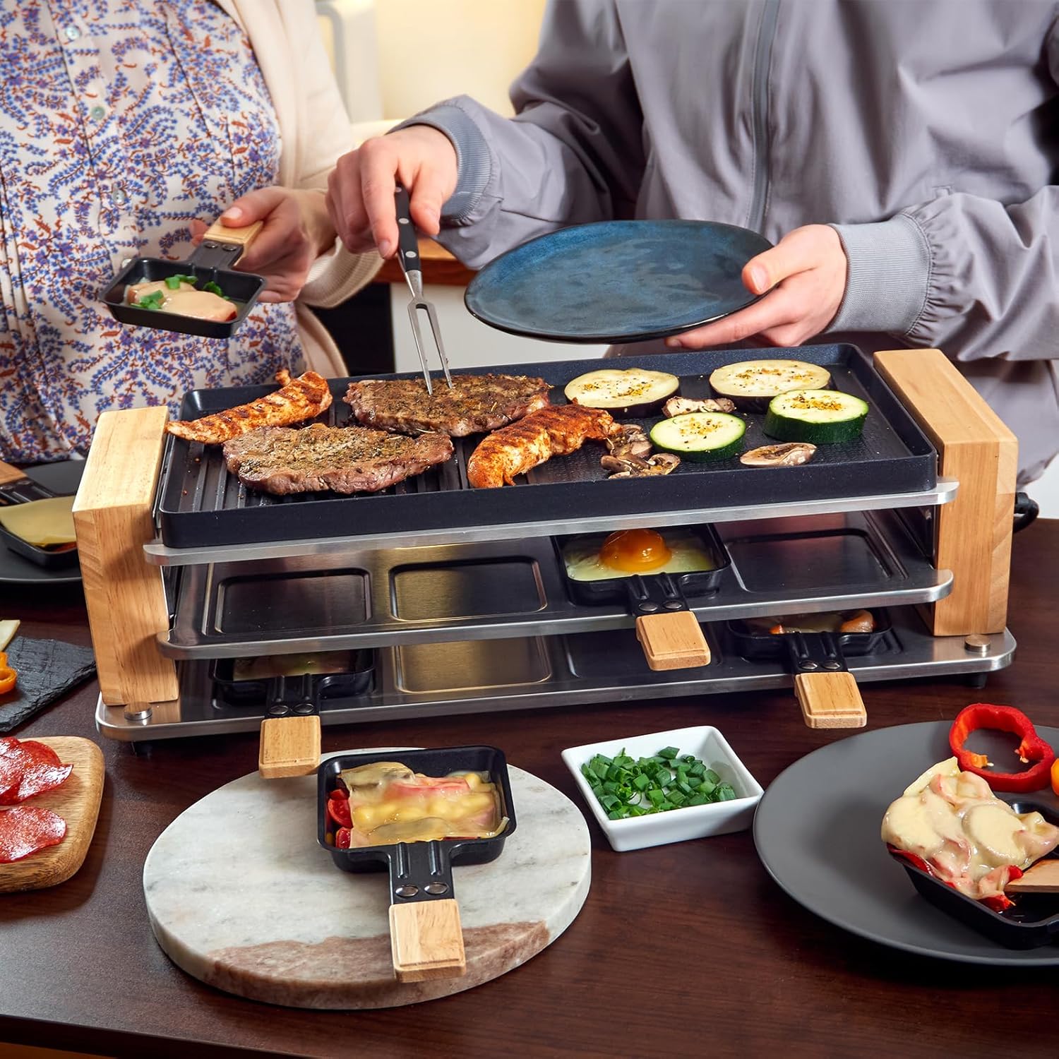 CUSIMAX Electric Raclette Table Grill with Non-Stick Plate, Wooden Frame, 8 Cheese Pans, Spatulas - 2 in 1 Indoor Grill & Griddle, Three-Layer Korean BBQ Grill