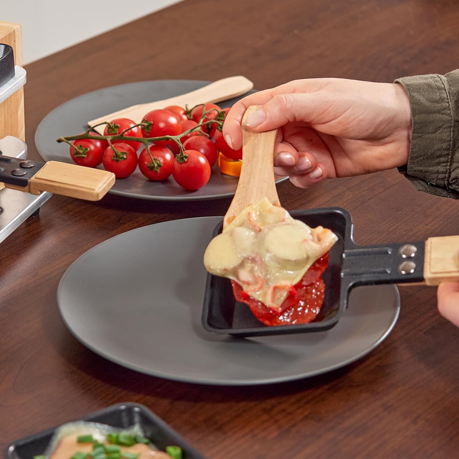 CUSIMAX Electric Raclette Table Grill with Non-Stick Plate, Wooden Frame, 8 Cheese Pans, Spatulas - 2 in 1 Indoor Grill & Griddle, Three-Layer Korean BBQ Grill