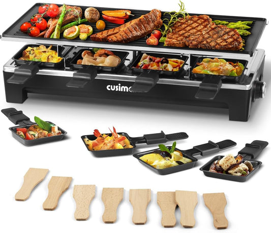 CUSIMAX Electric Raclette Table Grill with Reversible Non-Stick Plate, Crepe Maker, and 8 Pans - Indoor Korean BBQ Grill