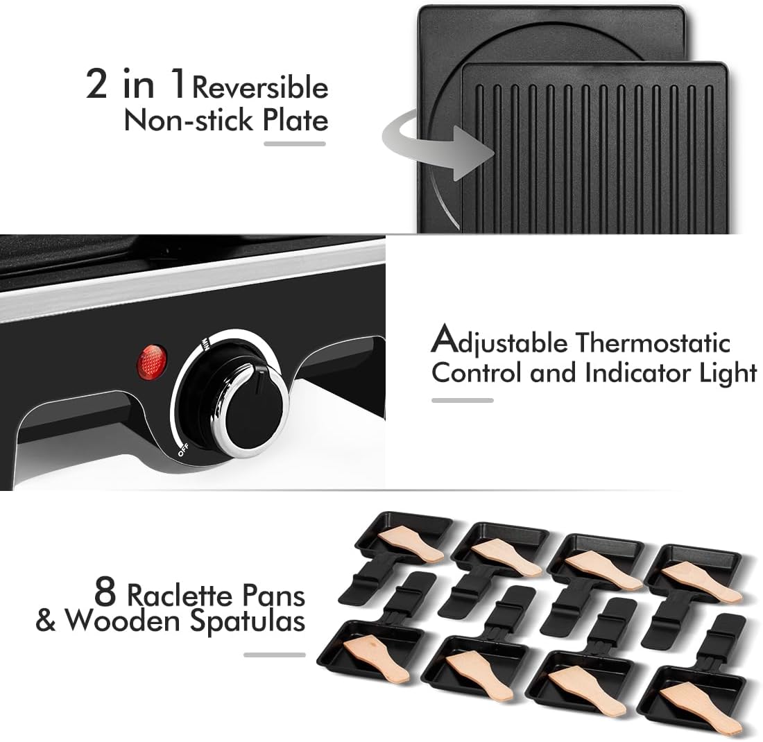 CUSIMAX Electric Raclette Table Grill with Reversible Non-Stick Plate, Crepe Maker, and 8 Pans - Indoor Korean BBQ Grill
