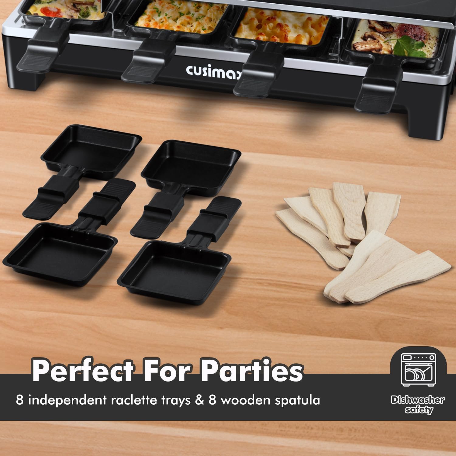 CUSIMAX Electric Raclette Table Grill with Reversible Non-Stick Plate, Crepe Maker, and 8 Pans - Indoor Korean BBQ Grill