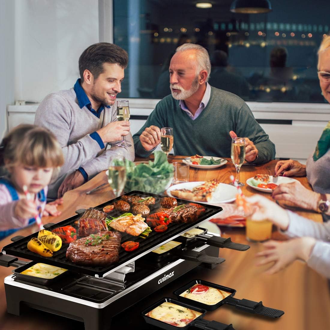 CUSIMAX Electric Raclette Table Grill with Reversible Non-Stick Plate, Crepe Maker, and 8 Pans - Indoor Korean BBQ Grill