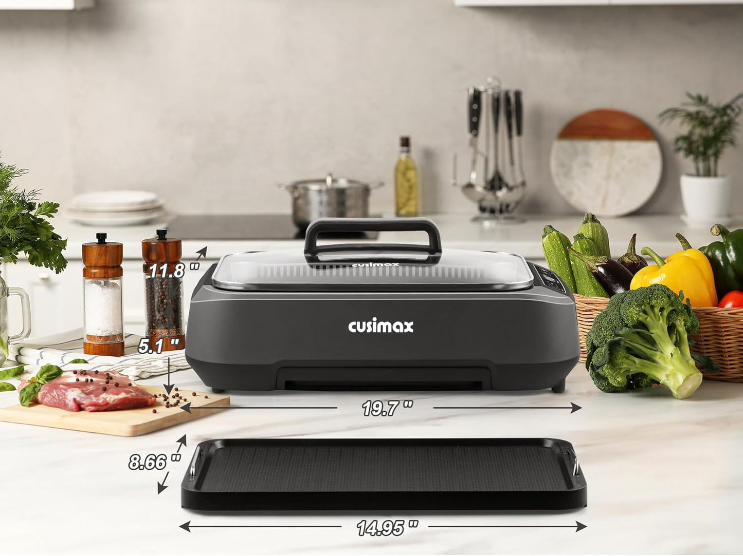 CUSIMAX Smokeless Grill, Electric Indoor BBQ Grill with Non-stick Plate & LED Display