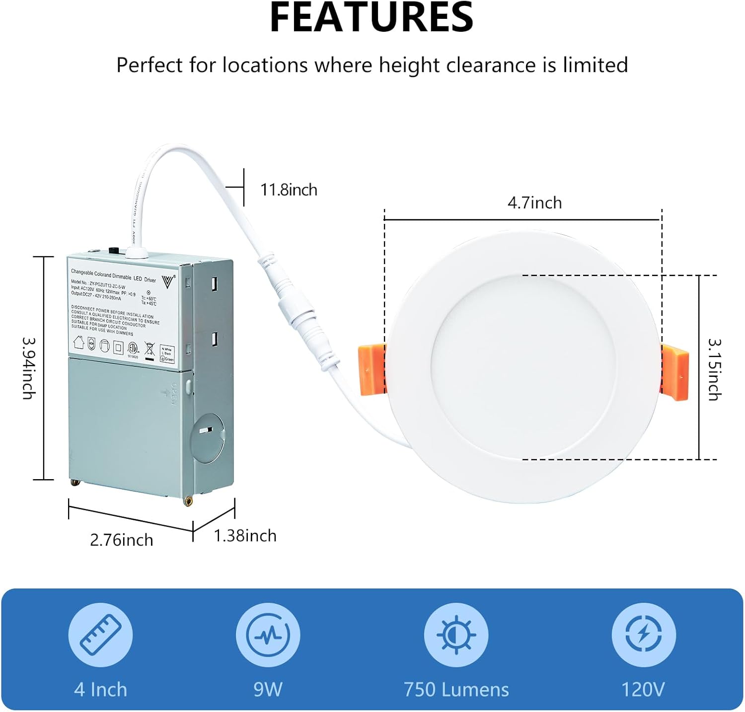 CycevSun 4 Inch Canless Wafer Pot Lights - Dimmable, 5 Color Options, 9W, 120V, IC Wet Rated, ETL - 12 Pack