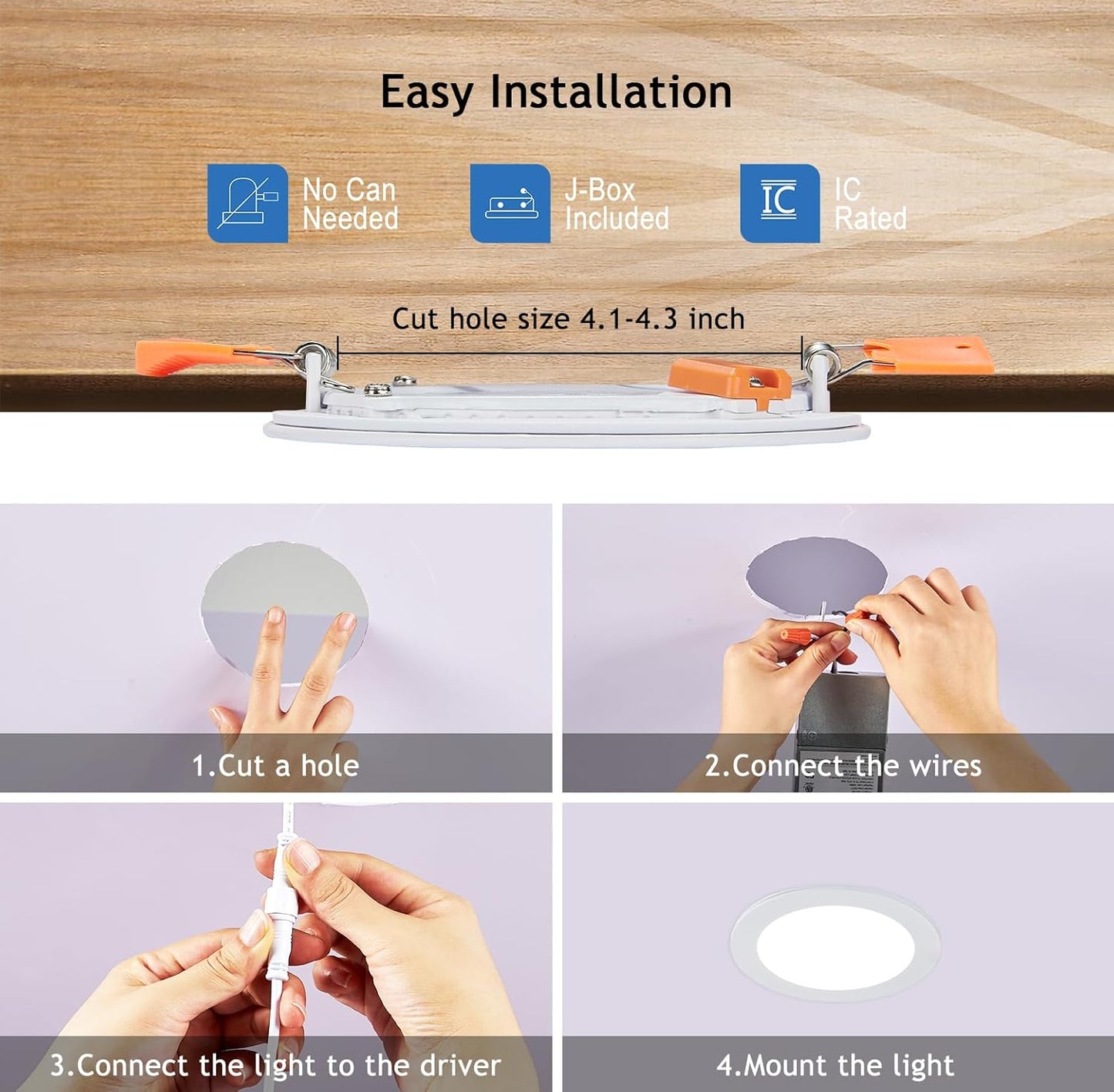 CycevSun 4 Inch Canless Wafer Pot Lights - Dimmable, 5 Color Options, 9W, 120V, IC Wet Rated, ETL - 12 Pack